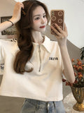 Polo Collar T-Shirt For Women 2025 Summer Short Loose Top Design Small Half Zipper Front Shoulder Short Sleeve Pure Cotton