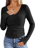 2026 New Female Pure Color V-Neck Fashion Long-Sleeved Pitted Haired Women's T-Shirt