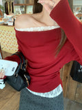 Christmas Red Corner Out Of The Shoulder Pure Lust Lace Splicing Long Sleeve Bottom Shirt Women In Autumn And Winter Inside And Outside Wearing A Beautiful Top