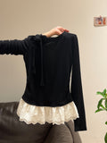 Ballet Style White Lace Hem With Grinding Long-Sleeved T-Shirt Autumn And Winter New Bottom Shirt For Women