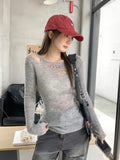 Letter Embroidery Design Hollow Hole Knitted Shirt Women Autumn Sun Protection Shirt Pure Lusty Temperament Micro-Permeable Top