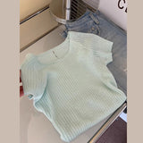 Mint Green Knitted Shoulder Ice Silk Short-Sleeved T-Shirt Women 2025 New Burst Summer Dopamine Chic Top