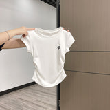 Round Collar Front Shoulder Short-Sleeved T-Shirt Girl Body Design Small Folds To The Waist Top Summer 2025 New