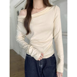 Korean Apricots In A Word Shoulder With Long-Sleeved T-Shirts Pure Desire To Collar Collar Clame Collars Embody Oblique Shoulder Temperament Top