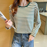 Pure Cotton Shoulder Long-Sleeved T-Shirt Women 2025 Spring And Autumn New Loose Striped Bottom Shirt Inside The T-Shirt Bloat