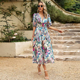 Dili Design Dress 2025 Summer Temperament To Close The Waist Deep V Collar Print Long Dress