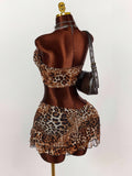 New Leopard Print Body Sexy Short Bra Vest Coat With Leaf-Side Skirt Suit For Women