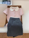 French Sweet And Gentle Pink Doll Collar Knitted Short-Sleeved T-Shirt For Girls Summer New Slimming Temperament Top