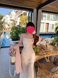 Early Autumn New French Romantic Pink Floral Sling Dress Women's 2025 Summer Mesh To Close The Waist Open Fork Mid-Long Dress
