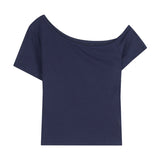 Tibetan Blue Shoulder-To-Shoulder Cotton Short-Sleeved T-Shirt Women 2025 New Summer Korean Wearing A Short Collarbone Top