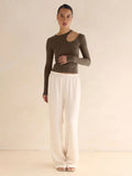 2025 Hot Sale Of High-End Autumn And Winter Sexy Hollow T-Shirt Women Irregular Collar With A Long-Sleeved Top