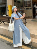 Sweet Folded Suit Women's Summer Design Plaid Shirt Dress Lace Broad Leg Pants Two Sets Of Tide