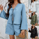 Dili 2025 Spring/Summer Leisure Holiday Wind Solid Colored Cardigan Shirt Shorts Suit Women's Suit