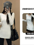 White Shoulder Velvet Long-Sleeved T-Shirt Girl Spring And Autumn Winter Korean Simple Repair Inside Plus Velvet Bottom Shirt Blouse Tide