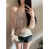Thin Slim Cross-Slanted Shoulder Long-Sleeved T-Shirt Girl 2025 Spring And Summer Large-Size Fat Mm Sun Protection Hoodie T-Shirt T-Shirt
