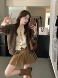 Millard Coffee Color Crash Fake Two V-Neck Knitted Cardigan Women Autumn High-End Lazy Sweater Coat Top