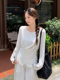 White Irregular Cross-Thin Micro-Permeable Sunscreen Hood T-Shirt Women 2026 Early Autumn New Loose Long-Sleeved Top