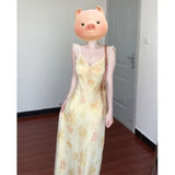 French High-End V-Necked Floral Sling Dress Woman's New Summer 2025 Waist-Skinny Leaf Side Dress