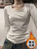 White Flower Ash U Collar Shoulder Long-Sleeved T-Shirt Women Autumn And Winter Cotton And Thin Velvet In Low-Collar All-In-Bottom Small Shirt Top