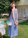 White Blue Lattice Sleeveless Vest Dress Women's Summer Korean Casual Style Relaxed Mid-Sized Holiday Dress