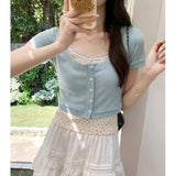 Light Blue Large Round Collar Collar Collar Collar Collar Front Shoulder Half-Sleeved Knitted Cardigan Slime T-Shirt Short-Sleeved Top Summer