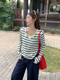 Apricot Stripe Splicing Two Long-Sleeved Knitted T-Shirt Women 2026 Early Autumn Folding Waist Top
