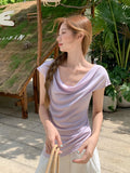 Purple Swinging Folded Design Sense Short-Sleeved T-Shirt Women 2026 Summer New Unique Beautiful Top
