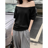 One Word Shoulder Oblique Shoulder Two Wearing Black Open Shoulder Short Sleeve T-Shirt Girl Summer Lazy Wind Loose Loose Loose Slender Feeling Top
