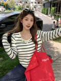 Apricot Stripe Splicing Two Long-Sleeved Knitted T-Shirt Women 2026 Early Autumn Folding Waist Top