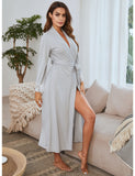 Women's Nightglore Long-Sleeved Lace Spliced Strap Long Homewear Pyjamas Bathrobe Woman
