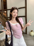 Purple Design Fake Two 2026 New Short-Sleeved T-Shirt Women Summer Chic Sweet Wearing Shoulder Repair Body