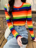 Spring And Autumn 2025 New Korean Version Sweet And Spicy Wind Design Sense Of Small Colling Color Striped Slimming Students Short T-Shirts