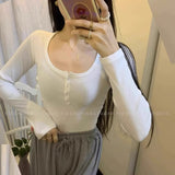 Chic Buckle Thread U-Neck T-Shirt Girl 2025 Spring And Autumn New Long-Sleeved Bottom Shirt Short Low-Neck Top