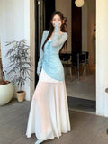 Pure Wind To Close The Waist Thin Sweet Net Yarn Shredded Flowers Hanging Dress Hooded Folded Two Sets Of Women Summer
