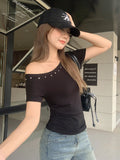 Slanted Shoulder Black Short-Sleeved T-Shirt 2026 Summer New Hot Diamond Design With A Unique Temperament Blouse