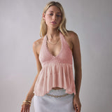 2026 New Hot Lace Lace Top Women Summer Folded Lotus Leaves Side Umbilical Umbilical Sweet Spicy Wind Short Hanging Neck Vest