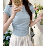 Positive Shoulder Collar Short Sleeve T-Shirt Design Feel Waist Thin Curved Under Hem Short Flying Sleeve Repair Body Coat
