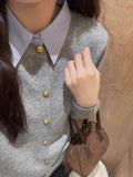 Grey Shirt Collar Splicing Fake Two Sweaters Girl Spring And Autumn Small ManÐÞ Wearing Knitted Open Shirt Collar Top