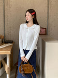 White Doll Collar Long-Sleeved T-Shirt Women's Bottom Shirt 2026 Autumn Collar Cardigan Design Repair On The Body