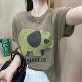 This Year's Popular Summer Thin Letter Small Elephant Short-Sleeved Ice Knitted Shirt Women Reduce The Age Of Loose Round Collar Blouse T-Shirt