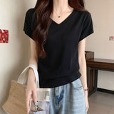 White V-Neck Cotton T-Shirt Women's Half-Sleeved 2026 New Summer Basic Shoulder Small Short-Sleeved Top