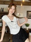 Sweet Sister Doll Collar Short-Sleeved T-Shirt Girl Shoulder 2026 Summer New Thin Girl Print Bow Small Top