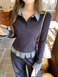 Fake Two POLO Collar Stitching Bump Color Long-Sleeved T-Shirt Women 2026 Early Autumn New Design Button Top