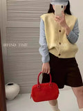 Ankola Red Folded Knitted Sweater Vest Vest For Women's Autumn And Winter Outside The Shoulder Loose Short Horse Clip Small Vest