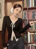 Korean Ins Lace Splicing Fake Two Button Cardigan Long-Sleeved T-Shirt Women's New Design Sense Niche Tops In Autumn