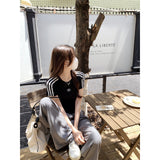 White Three Bar Embroidery Design Sense Short-Sleeved T-Shirt Girl Summer Collar Into Shoulder Sleeves Small Short Top