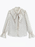 New French Bow Ribbon Wave Dot Card Dotted Shirt Women Autumn Long-Sleeved Temperament Ribbon Blouse