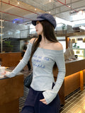 Gray Oblique Shoulder-To-Shoulder Letter Print Long-Sleeved Girl T-Shirt Early Autumn New Knitted Bottom Shirt Sexy Top
