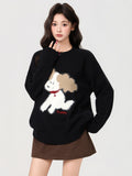 Black Sweet Cute Puppy Embroidered Hooded Sweater 2026 Autumn And Winter Loose Thicken Long-Sleeved Knitted Shirt Top