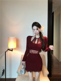 Design Pure Style Long Sleeves Dress Autumn And Winter Lace Lace To Receive Waist-Buffed Short Skirt Skirt Skirt Women's Dress